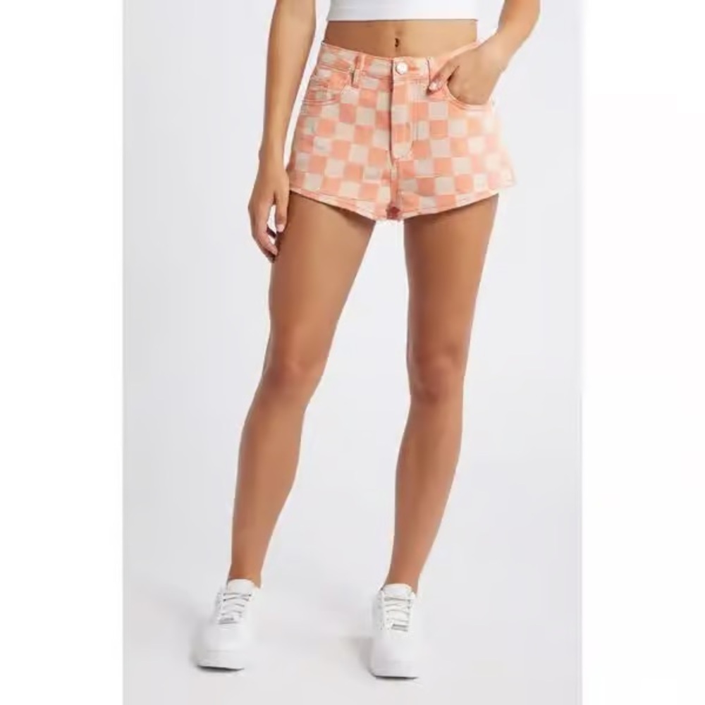 Nasty Gal Checkerboard High Waist Shorts Orange Sherbet sz 12